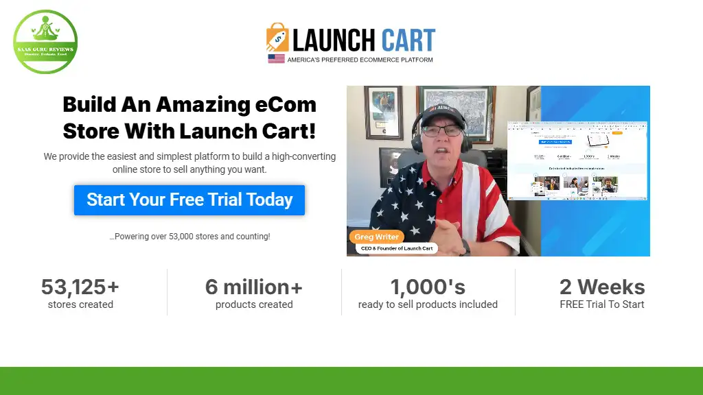 Screenshot of a marketing page for Launch Cart with promotional text, statistics, and an image of a person in a U.S. flag shirt discussing ecommerce solutions.