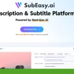 Screenshot of the SubEasy.ai website homepage showcasing its audio transcription and subtitle features powered by AI. Includes a "Get Started Free" button and a sample transcription interface.
