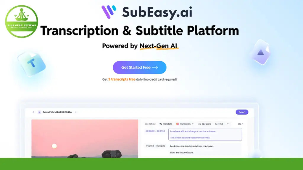 Screenshot of the SubEasy.ai website homepage showcasing its audio transcription and subtitle features powered by AI. Includes a "Get Started Free" button and a sample transcription interface.