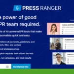 Press Ranger website showing details about AI-powered PR tools with user profiles, pitch options, and features like journalist database and press release pricing.