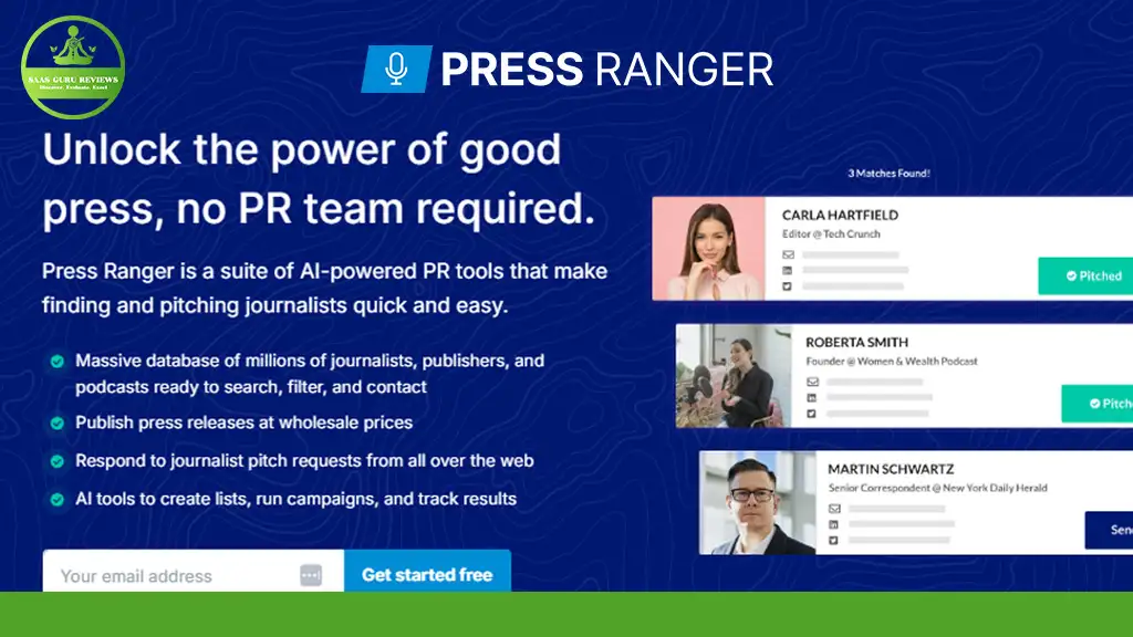 Press Ranger website showing details about AI-powered PR tools with user profiles, pitch options, and features like journalist database and press release pricing.
