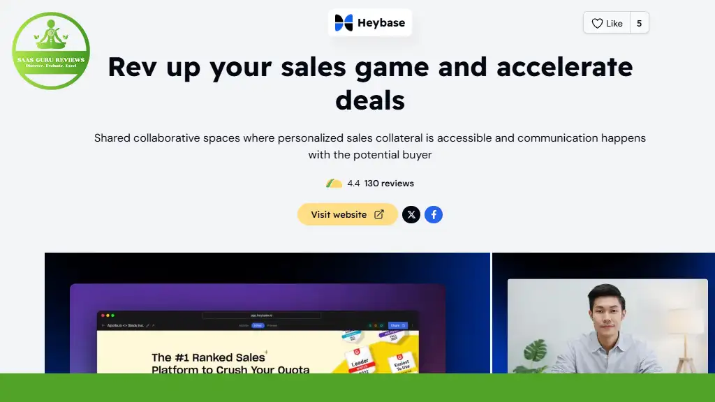 A screenshot of the Heybase webpage showcases their Digital Sales Room tools, highlighting a 4.4-star user testimonial from 130 reviews. Discover why sales teams are placing their trust in Heybase for 2024 and beyond.