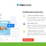 VistaCreate collaboration tool interface, featuring a gym class social media post. Options to resize, schedule, print designs, and collaborate with team members.