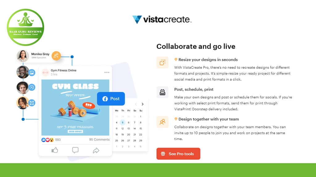 VistaCreate collaboration tool interface, featuring a gym class social media post. Options to resize, schedule, print designs, and collaborate with team members.