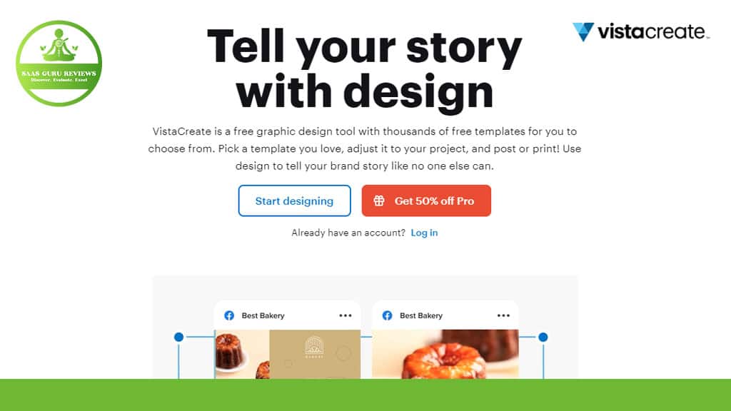 Screenshot of VistaCreate homepage highlighting a promotion for graphic design tools with a button for starting design and a 50% off Pro plan offer.