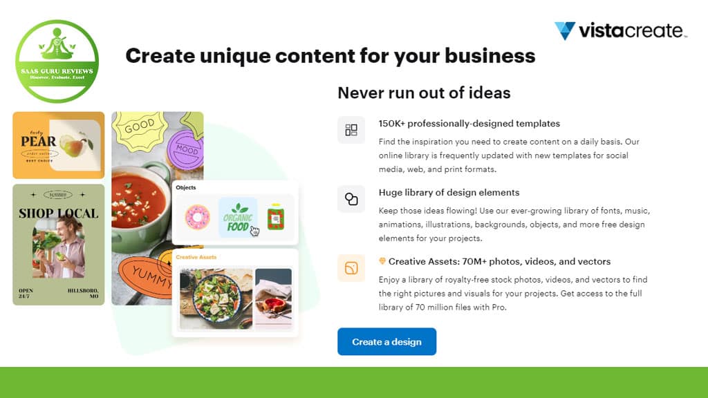 Collage of design templates, food illustrations, and photo categories with text promoting Vistacreate's design tools and resources for business content creation.