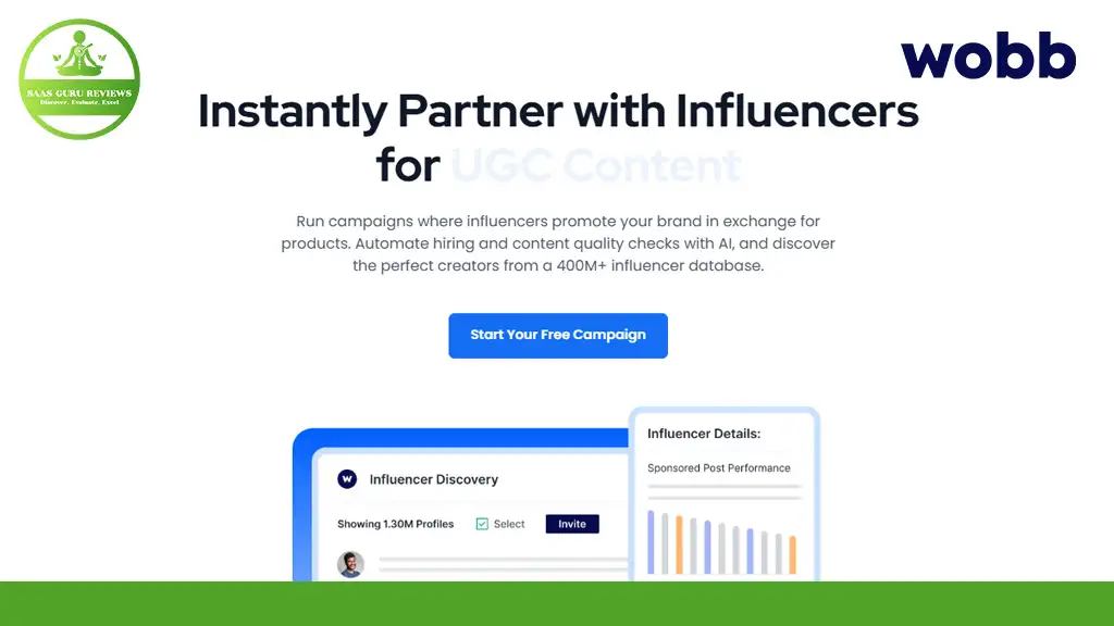 Webpage screenshot with a headline advertising influencer partnerships for user-generated content through Wobb. Includes a call-to-action button and graphs representing influencer marketing performance and campaign data.
