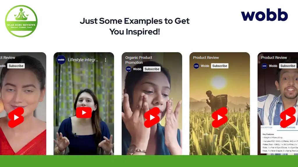 A series of video thumbnails featuring diverse influencers reviewing products, perfectly illustrating Wobb's influencer marketing campaigns. The title reads, "Just Some Examples to Get You Inspired!" with the "wobb" logo prominently in the top right corner.