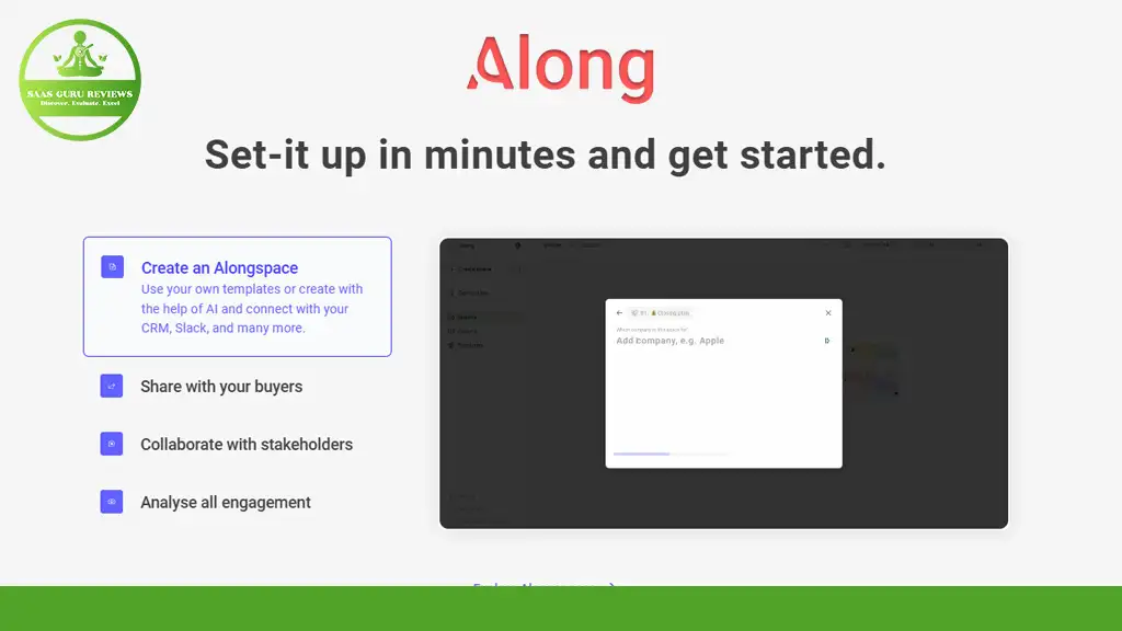 A promotional graphic for "Along" software, describing its features like creating an Alongspace, CRM integration, collaboration, and engagement analysis. Includes a simple user interface screenshot.