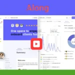 Screenshot of a software interface with charts and graphs. A red play button icon is in the center. A logo is in the top-left corner with the text "SaaS Guru Reviews.
