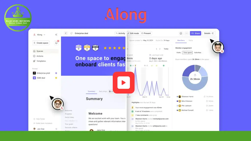 Screenshot of a software interface with charts and graphs. A red play button icon is in the center. A logo is in the top-left corner with the text "SaaS Guru Reviews.