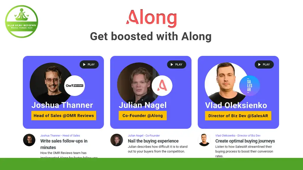 Graphic showing three headshots with text: Joshua Thanner, Julian Nagel, Vlad Oleksienko, each with a brief description of their roles and companies. Logo and "Get boosted with Along" tagline at the top.