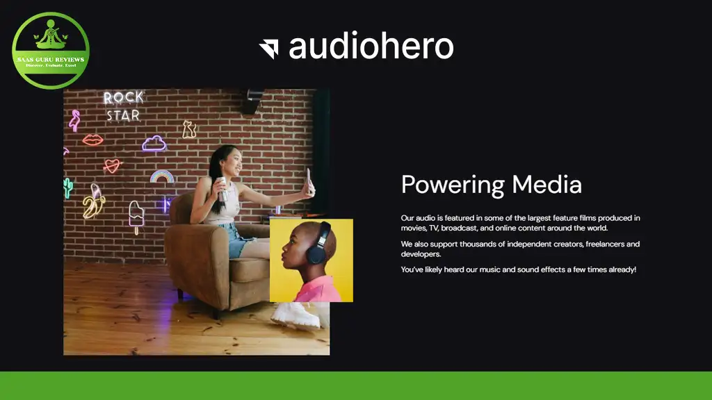 A woman with headphones sings into a microphone at home, while a young boy listens attentively. Text about AudioHero's royalty free music services is displayed, highlighting its vast collection. Neon musical symbols glow on the wall, adding ambiance to the perfect setting for artistic expression.