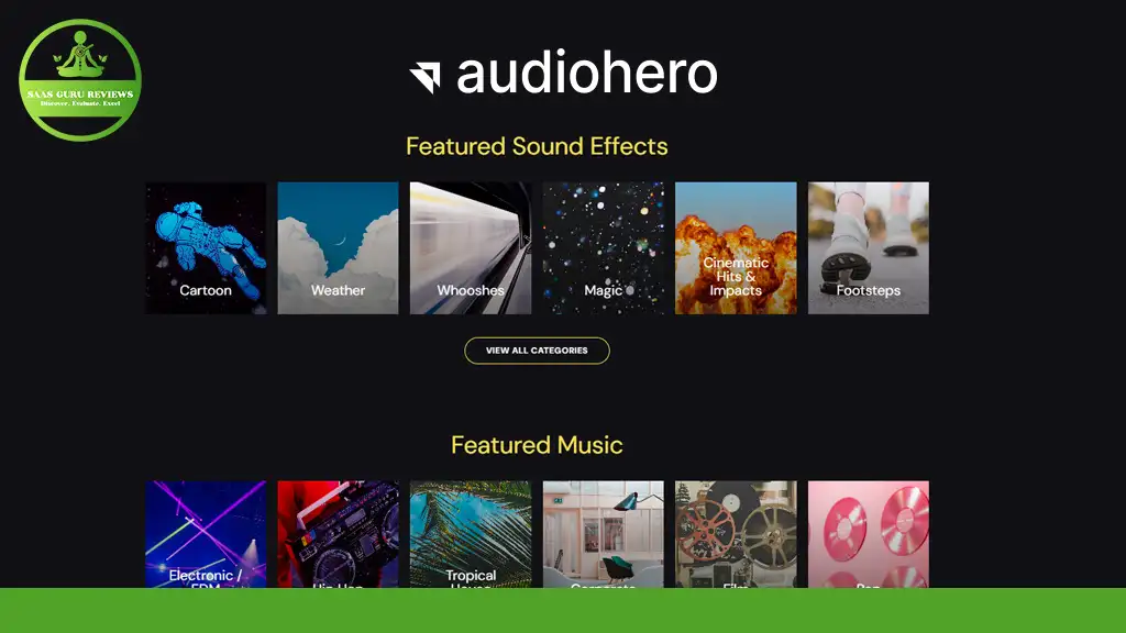 The screenshot of the AudioHero website highlights extensive categories such as Premium Royalty Free Music and SFX, including cartoon effects, weather sounds, whooshes, magic elements, cinematic impacts, and footsteps.