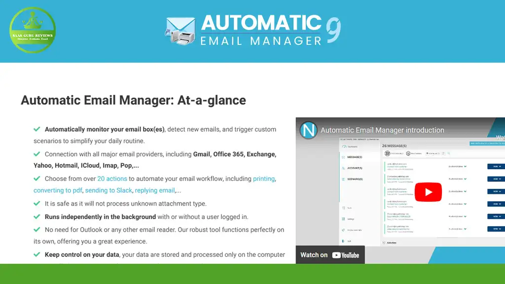 A screenshot of the Automatic Email Manager website highlighting features like mail monitoring, custom actions, printing, converting to PDF, and security details.