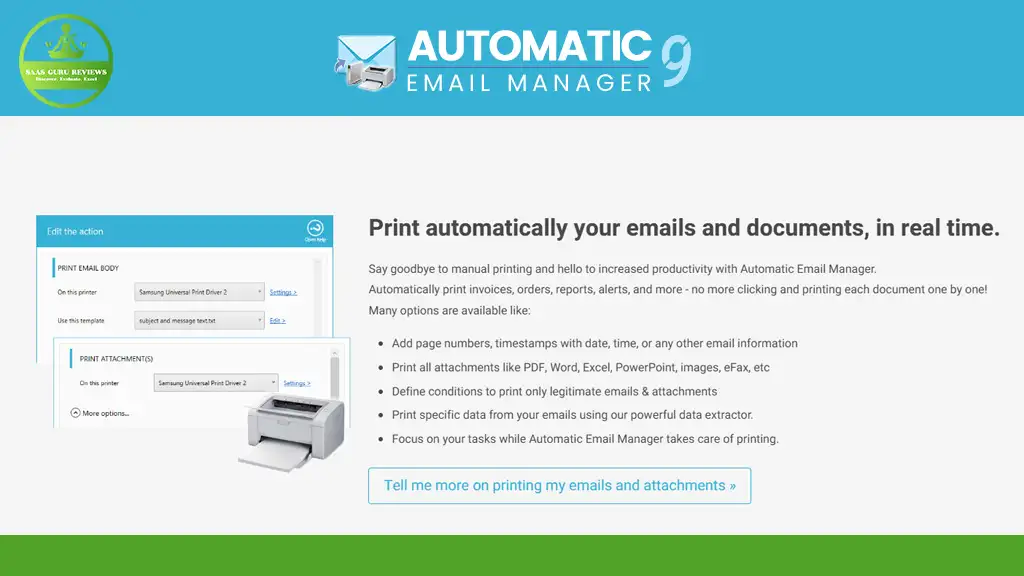 Screenshot of Automatic Email Manager webpage detailing features like automatic email printing, print profiles, and task management. Includes a printer image and a user interface example.