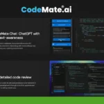 Screenshot of the CodeMate.ai website featuring sections on context-aware CodeMate Chat and a detailed code review with accompanying visual examples of code interfaces.