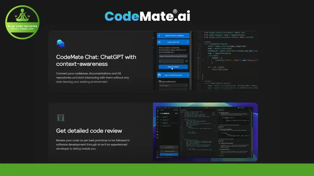 Screenshot of the CodeMate.ai website featuring sections on context-aware CodeMate Chat and a detailed code review with accompanying visual examples of code interfaces.