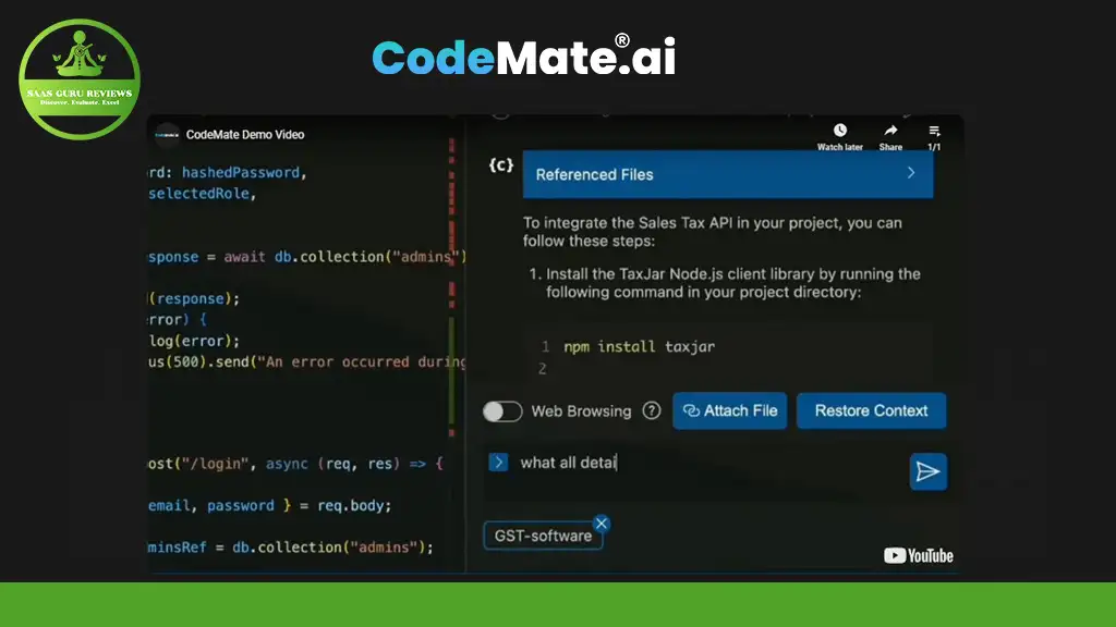 A split screen displays code on the left and an installation prompt for the Sales Tax API on the right, with options for web browsing, attaching files, restoring content, and a search bar.