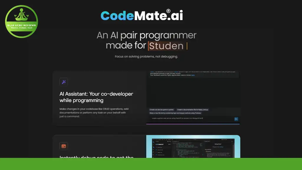 Screenshot of CodeMate.ai webpage highlighting features for students, including AI pair programming and code assistance.