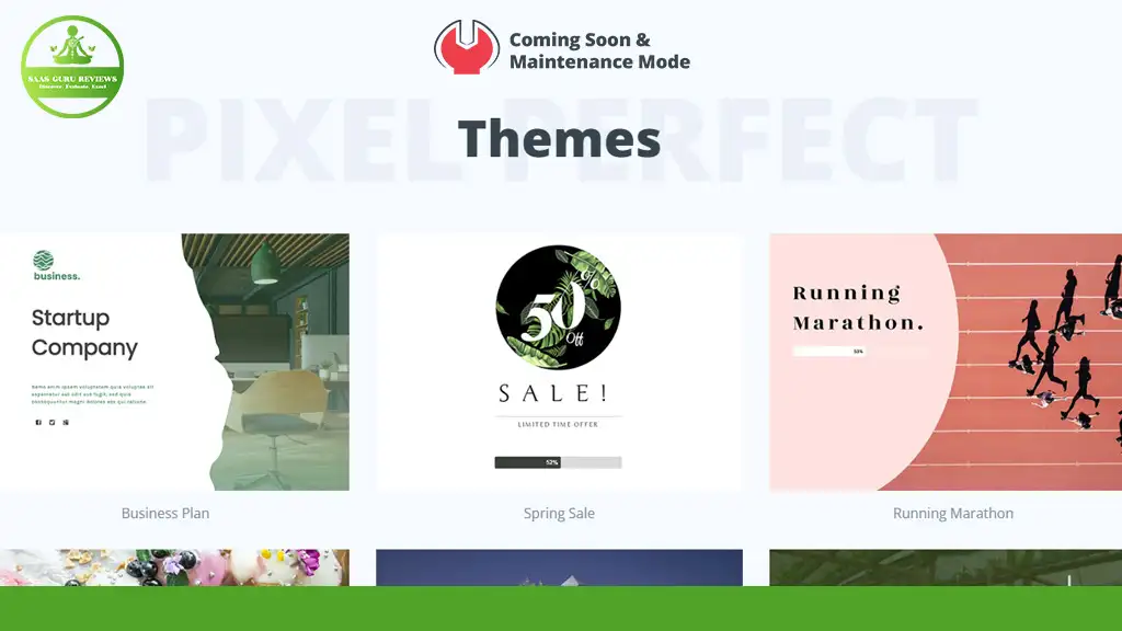 A webpage showcases three themes: "Startup Company," "Spring Sale," and "Running Marathon." A top banner announces "Coming Soon & Maintenance Mode." Discover the versatility of WordPress Plugins, unlocking the power to transform your site effortlessly.