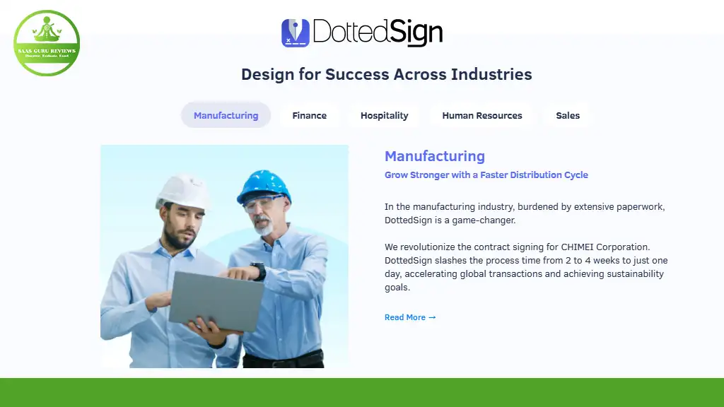 An advertisement for DottedSign, the ultimate eSign solution in manufacturing, highlights how it speeds up processes from weeks to days. It features two people wearing hard hats.
