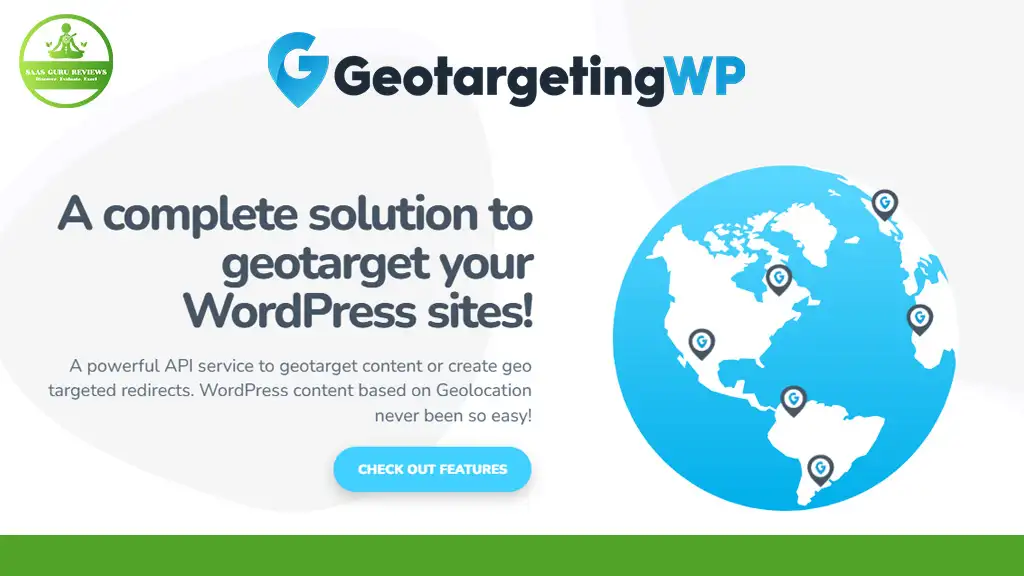 GeotargetingWP promotional graphic showcasing a globe with location markers, highlighting a powerful Geotarget content solution for WordPress sites.