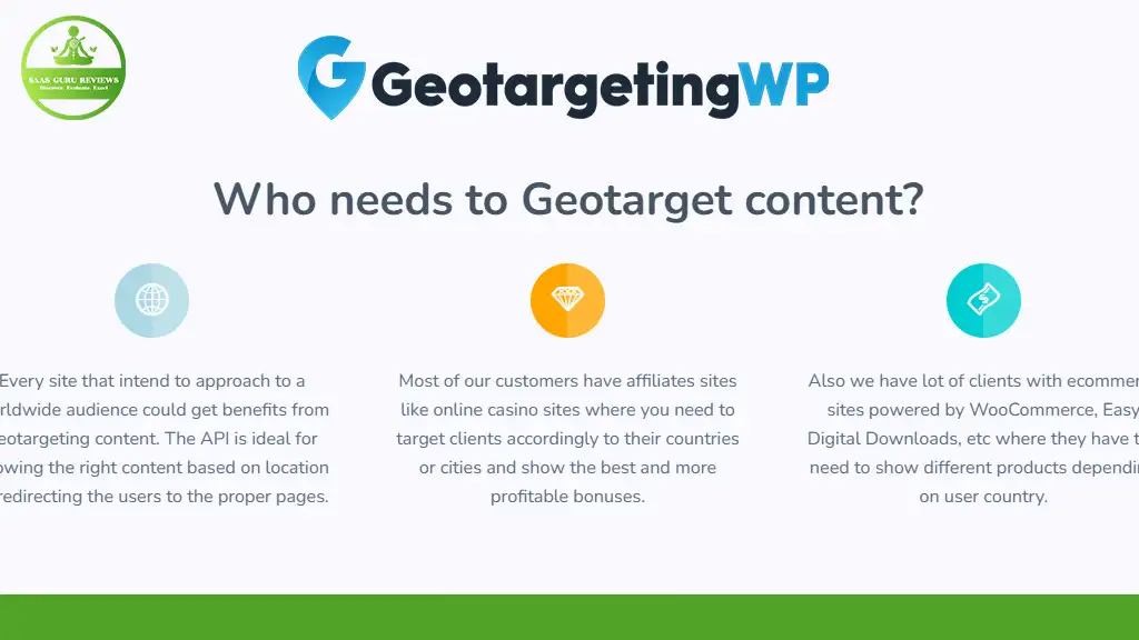 Geotargeting WP presentation slide highlights benefits of geotargeting content for global audiences, affiliates, and e-commerce clients on WordPress sites. Includes icons illustrating each use case to enhance understanding and application of this powerful tool for digital marketers.