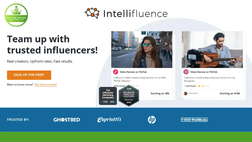 Intellifluence's website landing page highlights influencer collaboration on our marketing platform. Discover trust logos, TikTok video reviews starting at $55, and real success stories. Sign up today to expedite your influencer marketing journey with ease and authenticity.