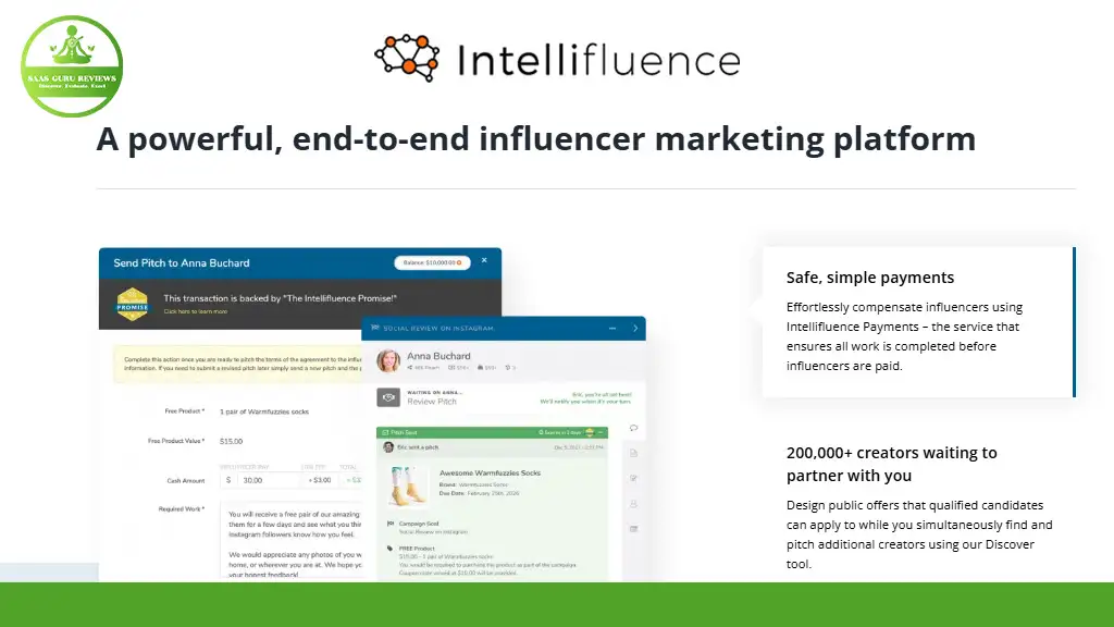 Screenshot of the Intellifluence platform showcasing an influencer marketing platform with a sleek payment overview and creator partnership details. The logo, featuring a leaf and circle design, highlights its industry-revolutionizing approach in the top left corner.