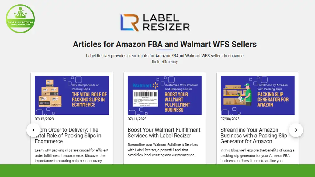 A webpage showcasing three insightful articles about Amazon FBA and Walmart WFS delves into understanding packing slips and boosting fulfillment services. Additionally, explore the convenience of a label resizer to streamline your process.