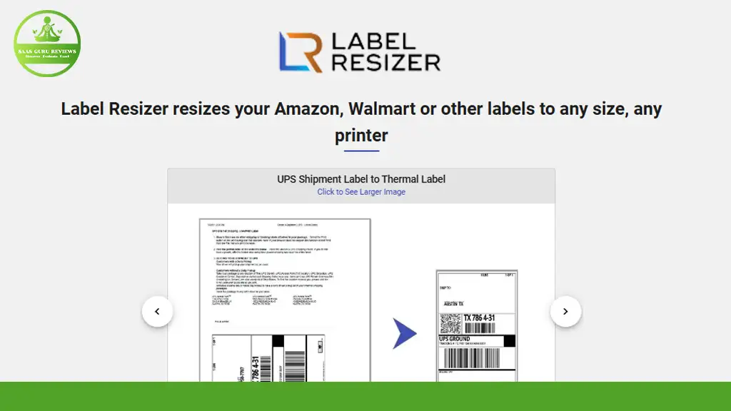 Screenshot of Label Resizer webpage for Amazon FBA. It reads, "Label Resizer resizes your Amazon, Walmart or other labels to any size, any printer." Two label examples are shown below, offering a clear understanding of its capabilities.