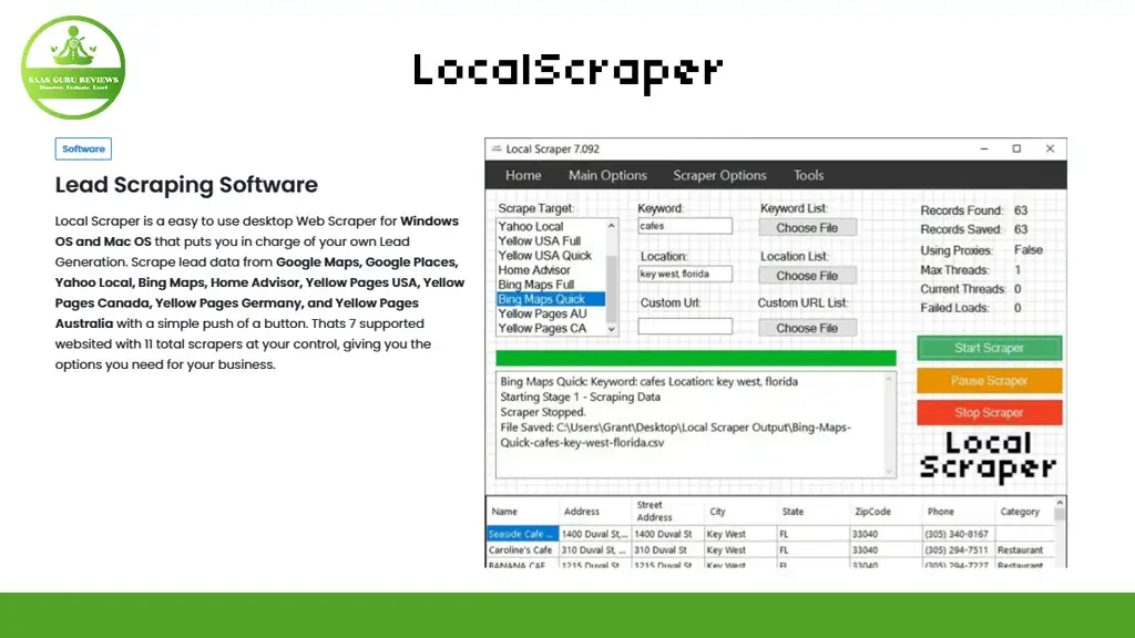 Screenshot of LocalScraper, a lead generation software, showing options for scraping data from various sources. The interface includes settings for location, keyword input, and search options to streamline your data collection process.