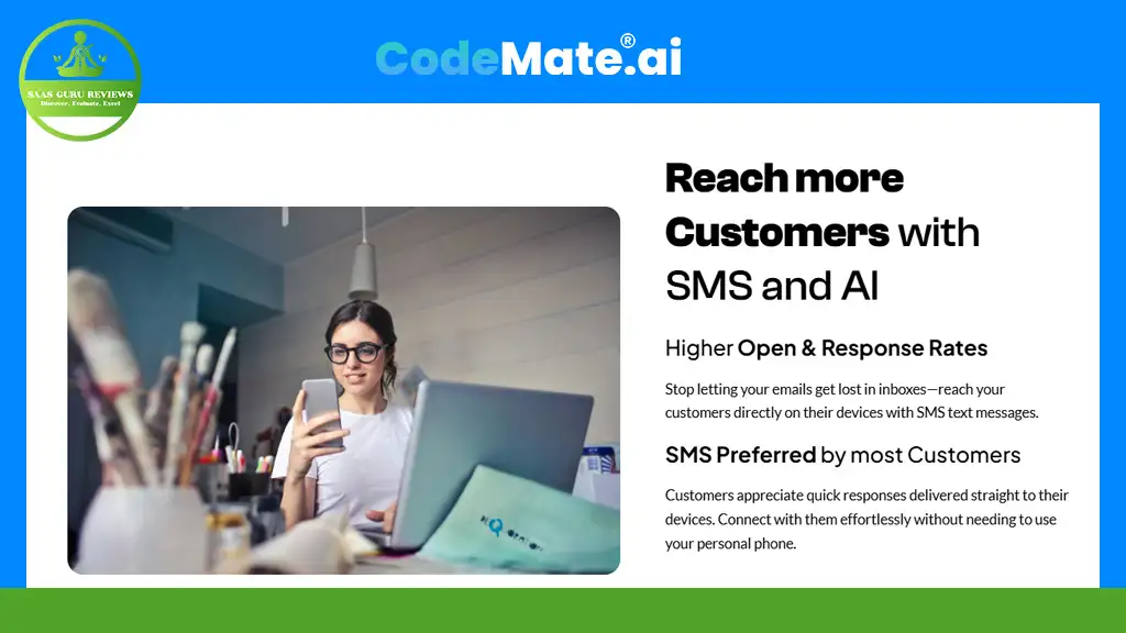 A woman using a smartphone is seated at a table with a laptop. The text promotes using SMS and AI to enhance customer engagement and response rates.