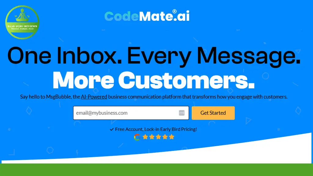 Blue and green website banner for CodeMate.ai, featuring a sign-up form and promotional text: "One Inbox. Every Message. More Customers.
