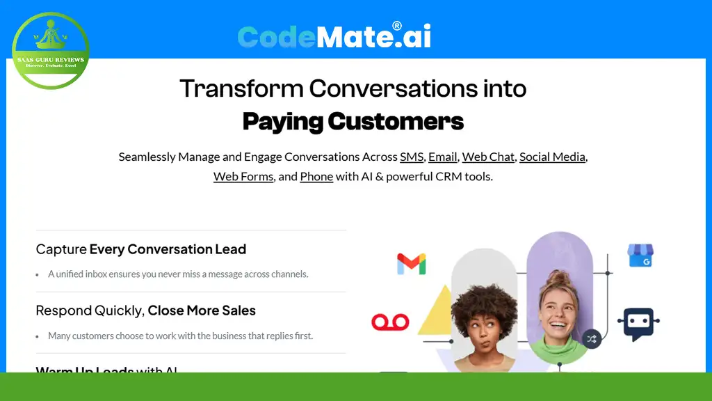 Advertisement for CodeMate.ai, highlighting its features for transforming conversations into paying customers across various platforms like SMS, email, and web chat, using AI and CRM tools.