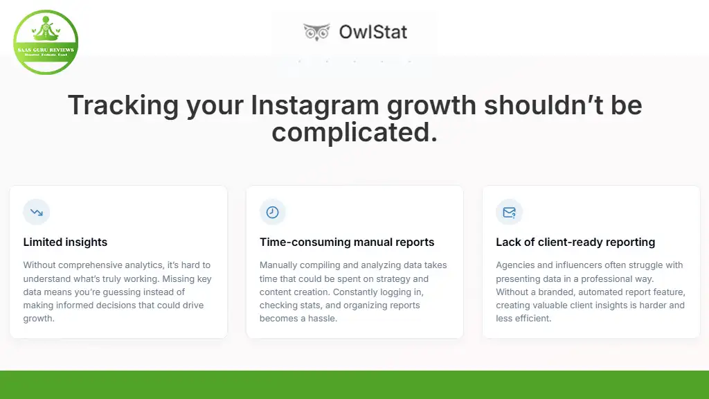 Owlstat's 2024 Instagram Analytics graphic highlights the challenges of tracking growth: limited insights, time-consuming manual reports, and a lack of client-ready data.