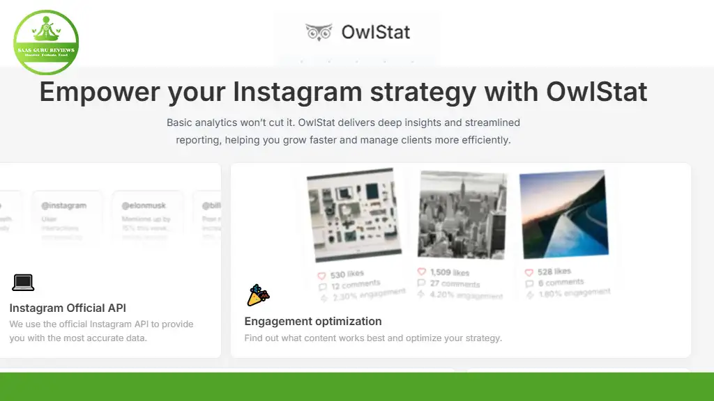 OwlStat promotional graphic: "Empower your Instagram strategy in 2024" with features like Instagram Analytics, engagement optimization, and streamlined reporting.