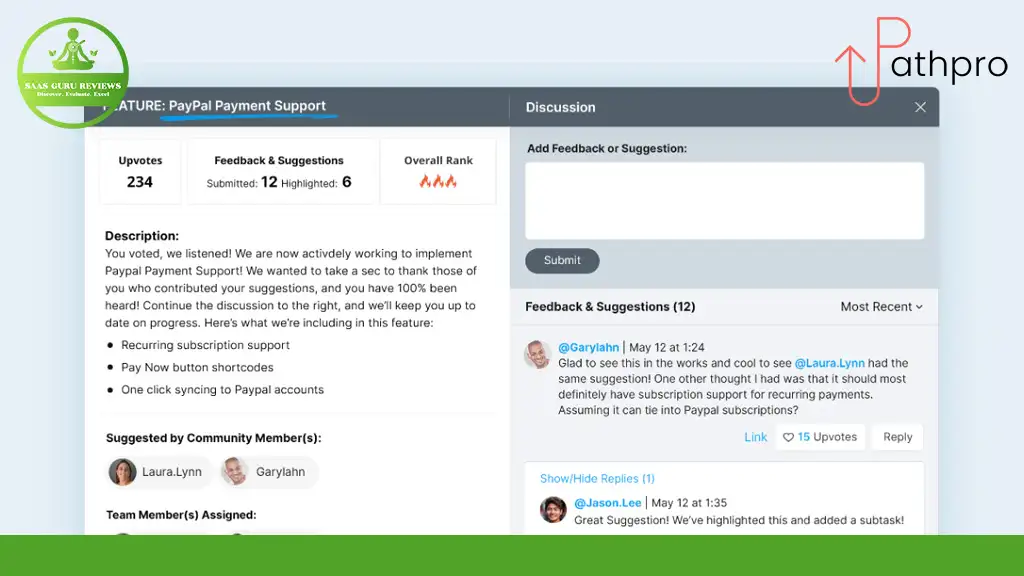 Screenshot of a PayPal Payment Support feature update page, showing upvotes, feedback, and a discussion section with user comments and engagement scores.