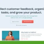 Screenshot of Pathpro's webpage featuring a call to action to collect feedback, organize tasks, and grow products. Includes a demo button and a video section titled "Why Switch to PathPro?".