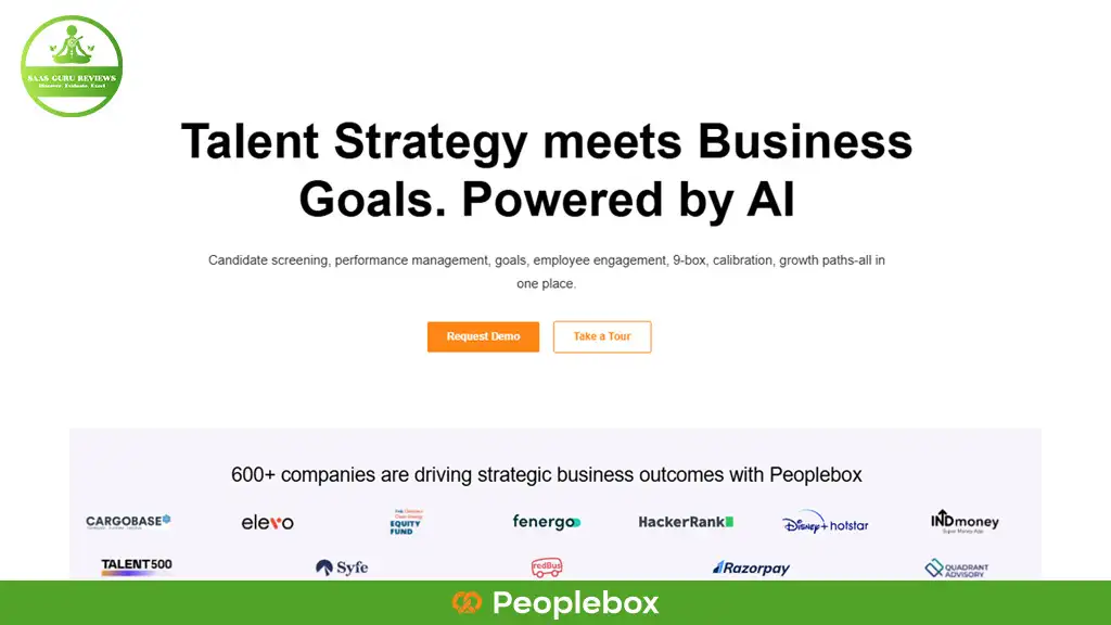 Webpage with text: "Talent Strategy meets Business Goals, enhanced by Peoplebox and AI." Includes options for a demo or tour, and features company logos like Cargobase, Elevo, and Hackerrank.