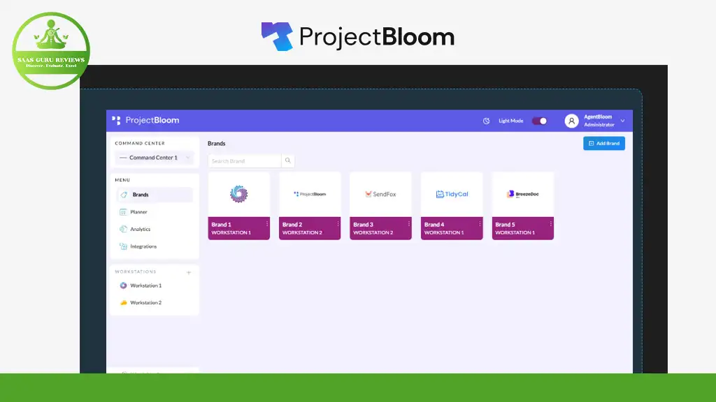 Screenshot of the ProjectBloom dashboard displaying a navigation menu on the left, a search bar, and multiple brand cards under the "Brands" section.