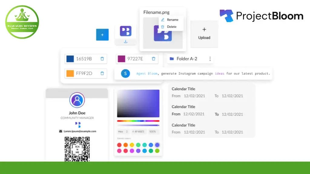 User interface showing editing options for a file named "Filename.png" with color selectors, calendar entries, and a profile card for John Doe. Logos of SaaS Guru Reviews and ProjectBloom are visible.