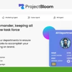 ProjectBloom dashboard with a "Assistant commander" section and a task list. A highlighted profile card shows a general agent with a blue gradient background and mission details listed below.