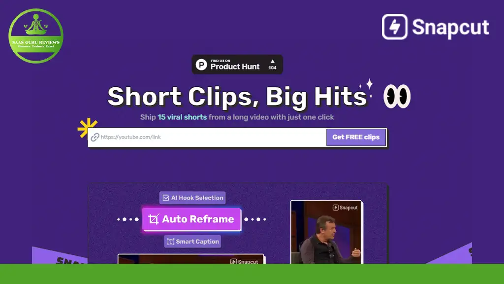 Snapcut website screenshot featuring a purple background, a YouTube link input box, and options for creating short clips from long videos.