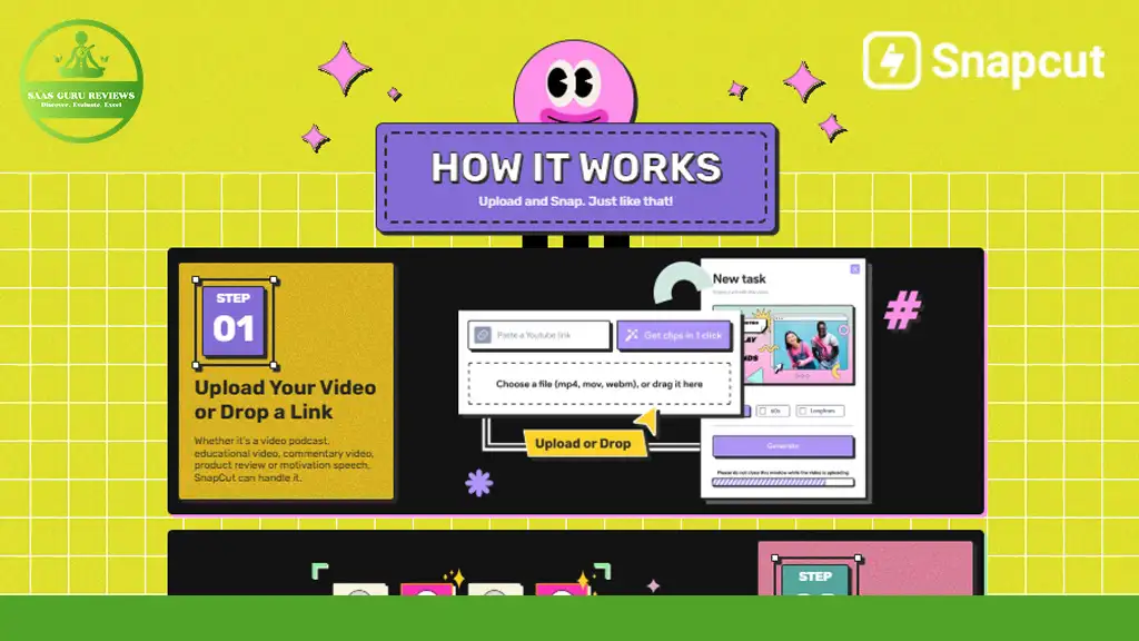 Instructions for using Snapcut are displayed with cartoon-style graphics, including steps for uploading videos and creating tasks.