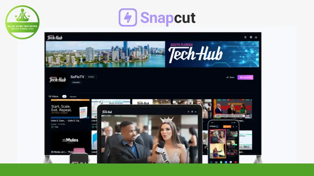 A tech content platform displayed on various devices, including a desktop, tablet, and smartphone, showcasing diverse media content and a city skyline image.