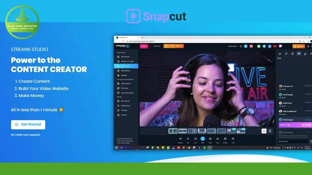 A woman adjusts headphones while using video editing software on a computer screen. Text reads: "Power to the Content Creator: Create, Build, Make Money.
