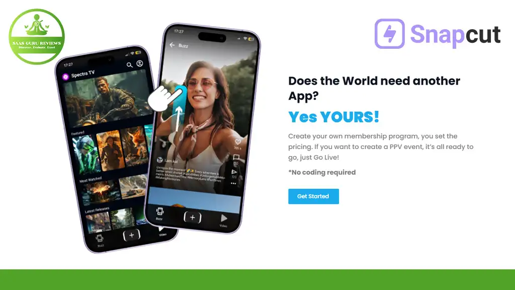 Promotional image for Snapcut app showcasing two smartphones displaying social media features alongside text inviting users to create their own membership program and go live.