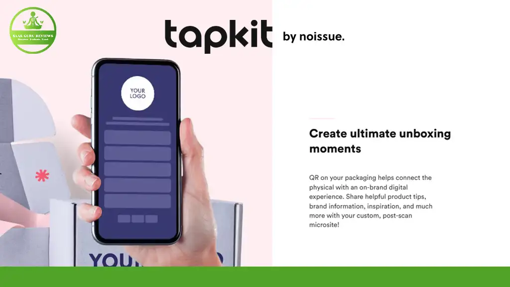 A hand holds a smartphone displaying a QR code, set against a backdrop of packaging. Text on the right explores using QR codes and Tapkit to enhance unboxing experiences through interactive microsites, making every package reveal more engaging.
